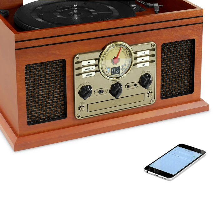 Victrola  VTA-200B 6-in-1 Nostalgic Classic Wood Bluetooth Record Player with 3-Speed Turntable, CD, Cassette Player and Radio Music Centre