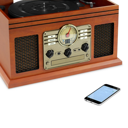 Victrola  VTA-200B 6-in-1 Nostalgic Classic Wood Bluetooth Record Player with 3-Speed Turntable, CD, Cassette Player and Radio Music Centre