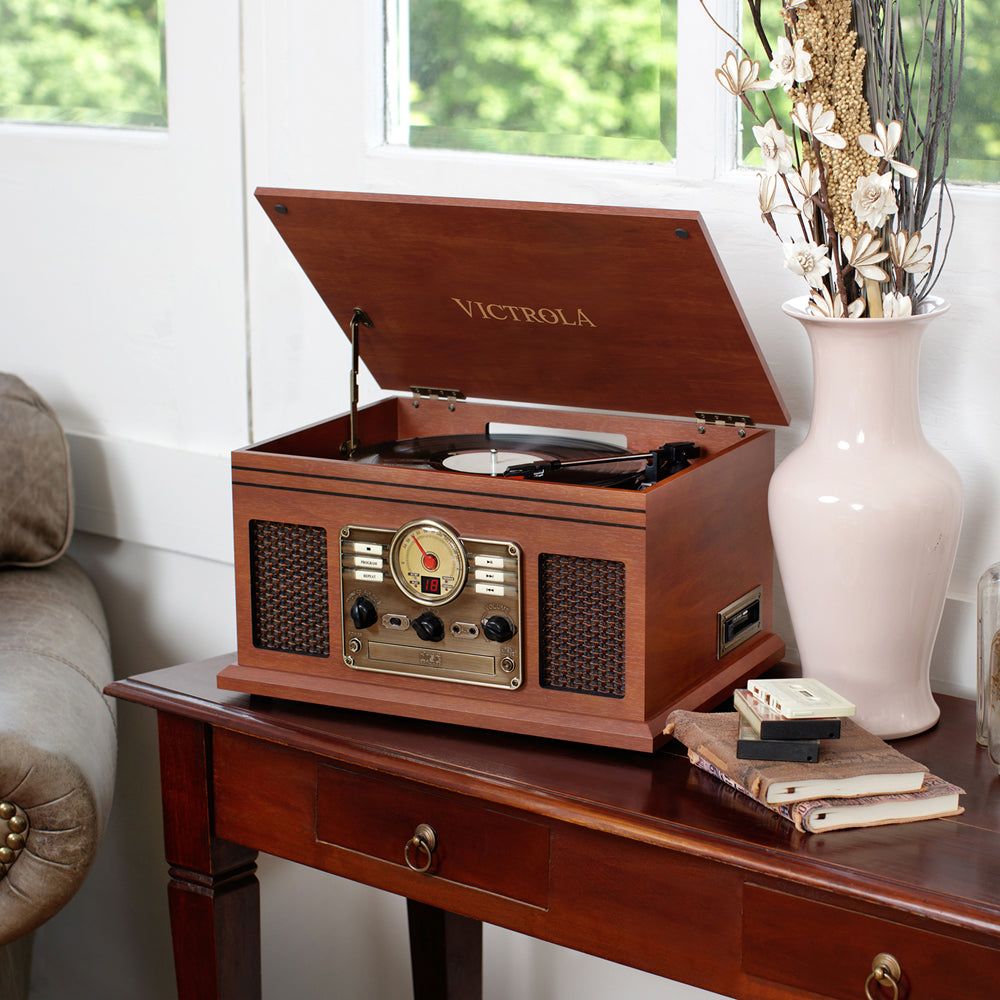 Victrola  VTA-200B 6-in-1 Nostalgic Classic Wood Bluetooth Record Player with 3-Speed Turntable, CD, Cassette Player and Radio Music Centre