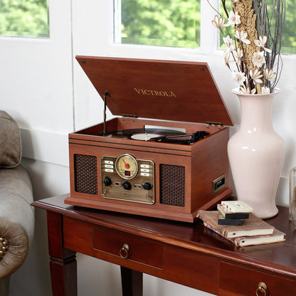Victrola  VTA-200B 6-in-1 Nostalgic Classic Wood Bluetooth Record Player with 3-Speed Turntable, CD, Cassette Player and Radio Music Centre