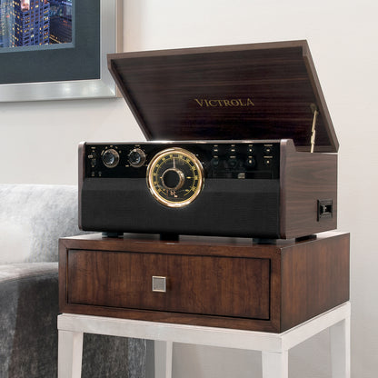 مشغل أسطوانات فيكترولا إمباير VTA-270B الخشبي 6 في 1 بتقنية بلوتوث، بتصميم منتصف القرن، مزود بقرص دوار ثلاثي السرعات، ومشغل أقراص مدمجة، ومشغل أشرطة كاسيت، ومركز موسيقى راديو