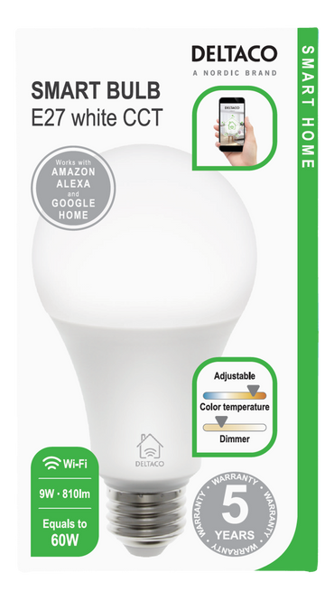 مصباح دلتاكو الذكي المنزلي LED SH-LE27W، قاعدة E27، 9 واط، واي فاي 2. جيجاهرتز، أبيض CCT