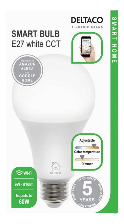 مصباح دلتاكو الذكي المنزلي LED SH-LE27W، قاعدة E27، 9 واط، واي فاي 2. جيجاهرتز، أبيض CCT