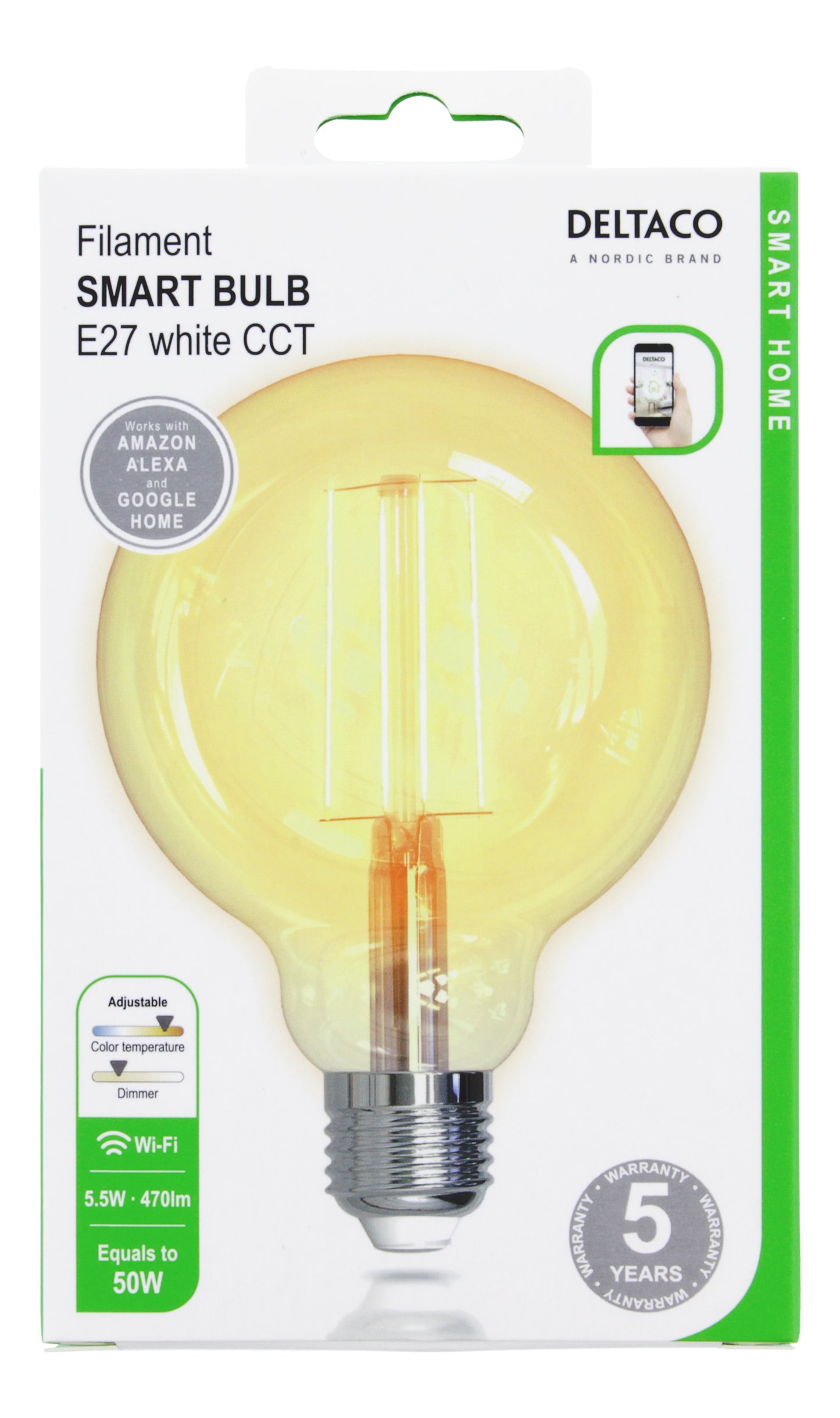 مصباح ذكي LED من دلتاكو للمنزل الذكي SH-LFE27G95، قاعدة G95، E27، 5.5 واط، واي فاي 2 جيجاهرتز، أبيض اللون