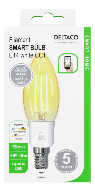 مصباح ذكي من دلتاكو للمنزل الذكي بتقنية LED طراز SH-LFE14C35، قاعدة C35، E14، 4.5 واط، يدعم واي فاي بتردد 2 جيجاهرتز، لون أبيض.