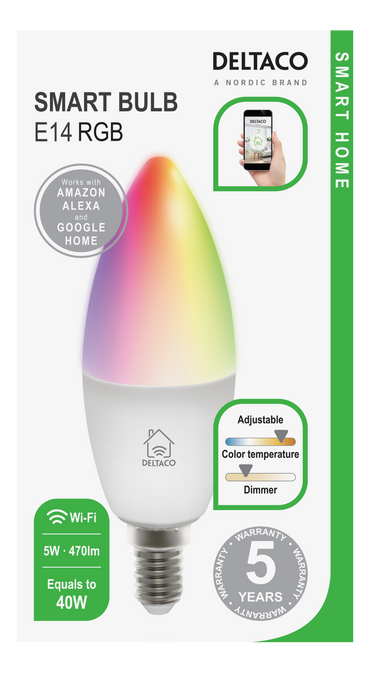مصباح دلتاكو الذكي المنزلي LED SH-LE14RGB، قاعدة E14، 5 واط، واي فاي 2 جيجاهرتز، RGB وأبيض CCT