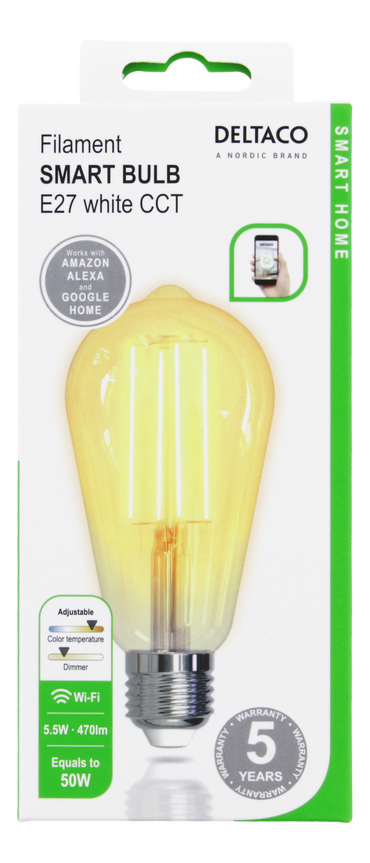 مصباح ذكي من دلتاكو للمنزل الذكي بتقنية LED طراز SH-LFE27ST64، قاعدة E27، قدرة 5.5 واط، يدعم تقنية Wi-Fi بتردد 2 جيجاهرتز، لون أبيض.