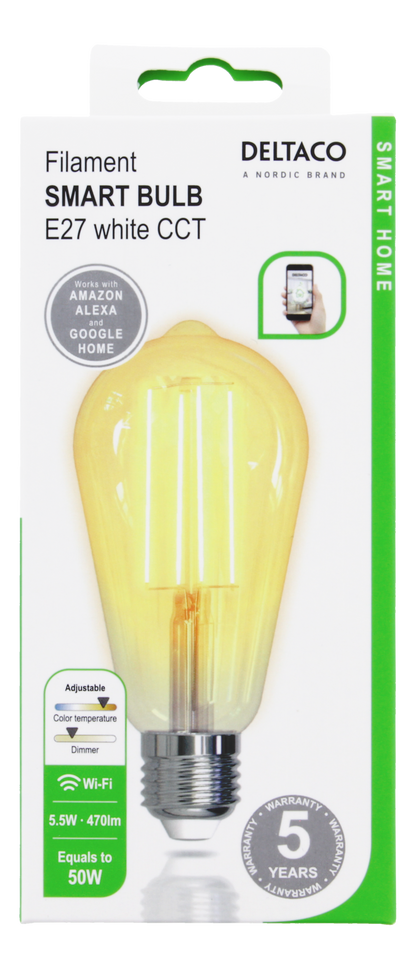مصباح ذكي من دلتاكو للمنزل الذكي بتقنية LED طراز SH-LFE27ST64، قاعدة E27، قدرة 5.5 واط، يدعم تقنية Wi-Fi بتردد 2 جيجاهرتز، لون أبيض.